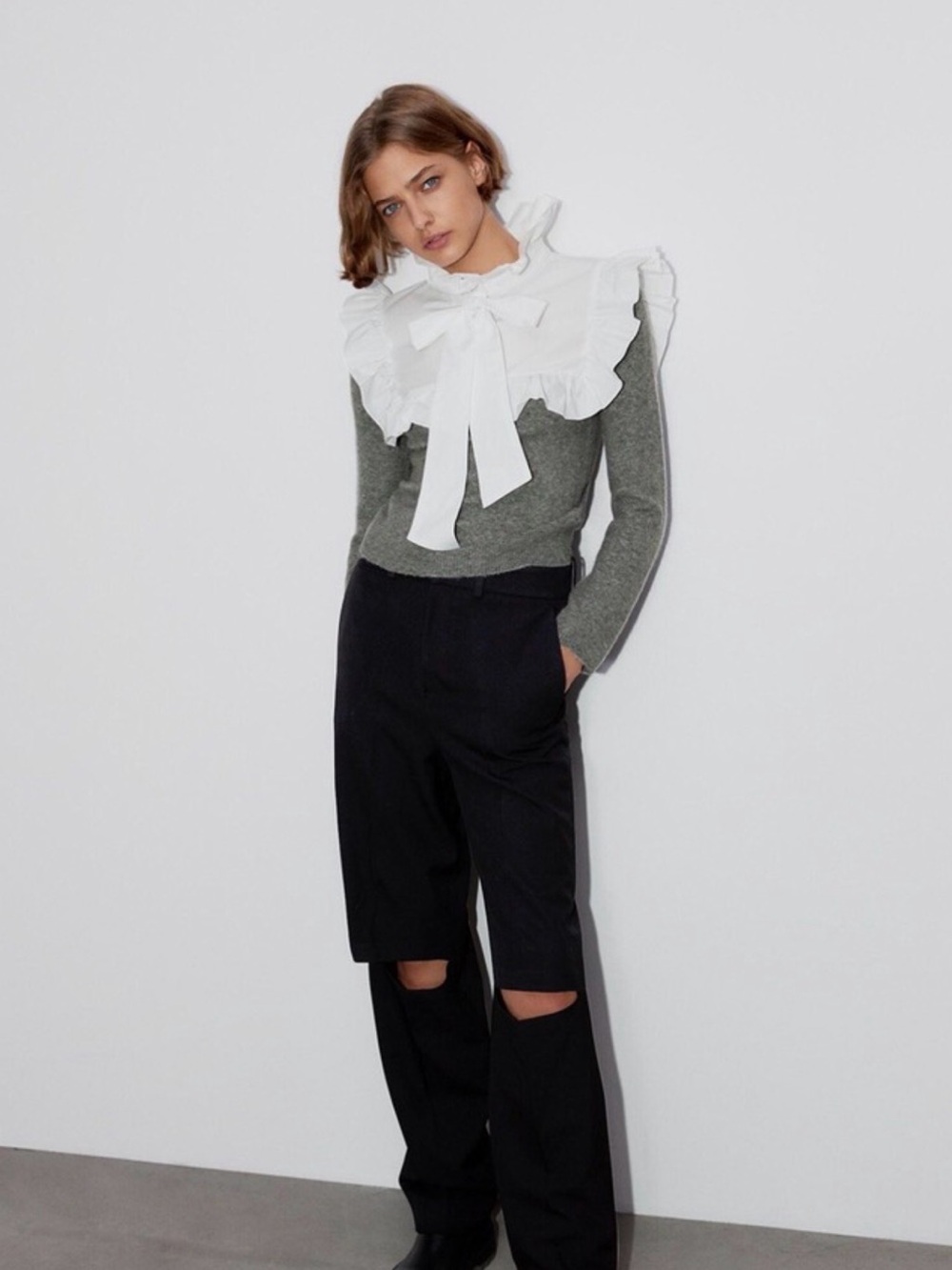 Zara White Ruffle Tie-Neck Blouse